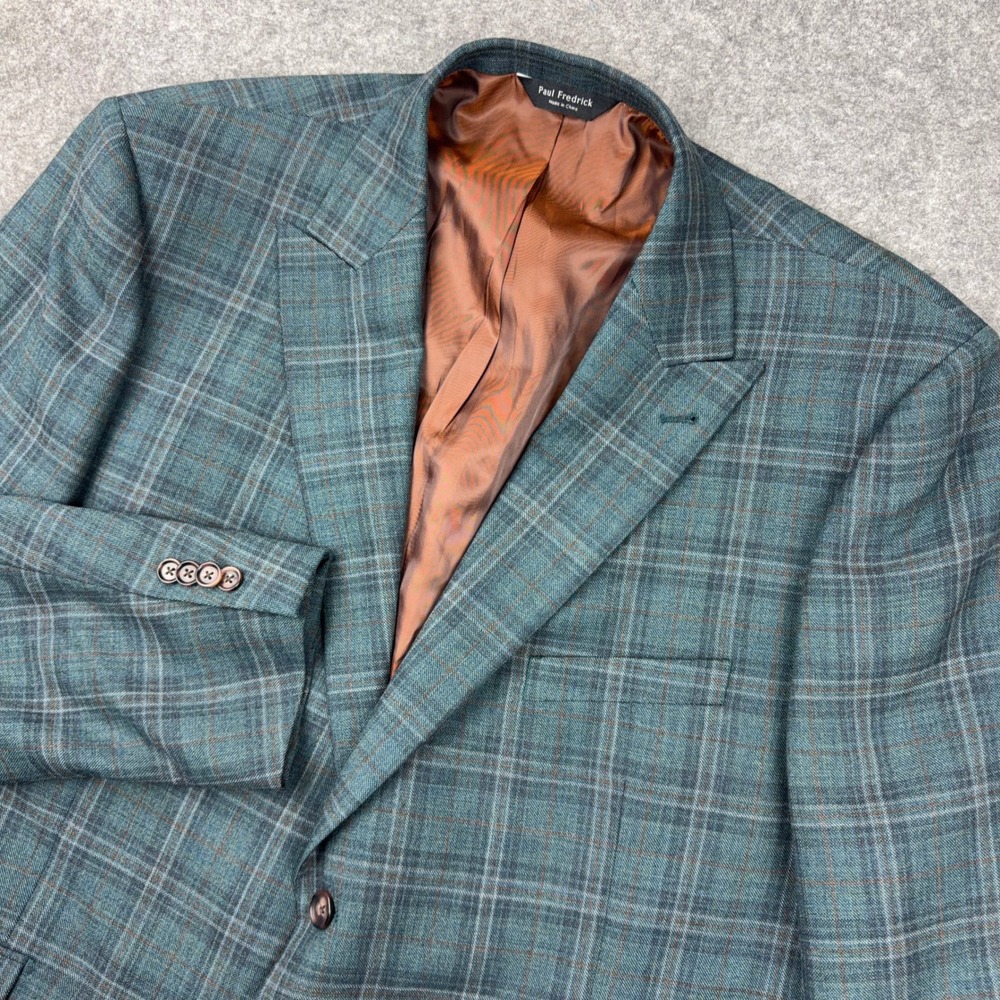 Paul Fredrick Sport Coat Mens 50R Teal Plaid Suit Jacket Blazer Wool Formal Fit